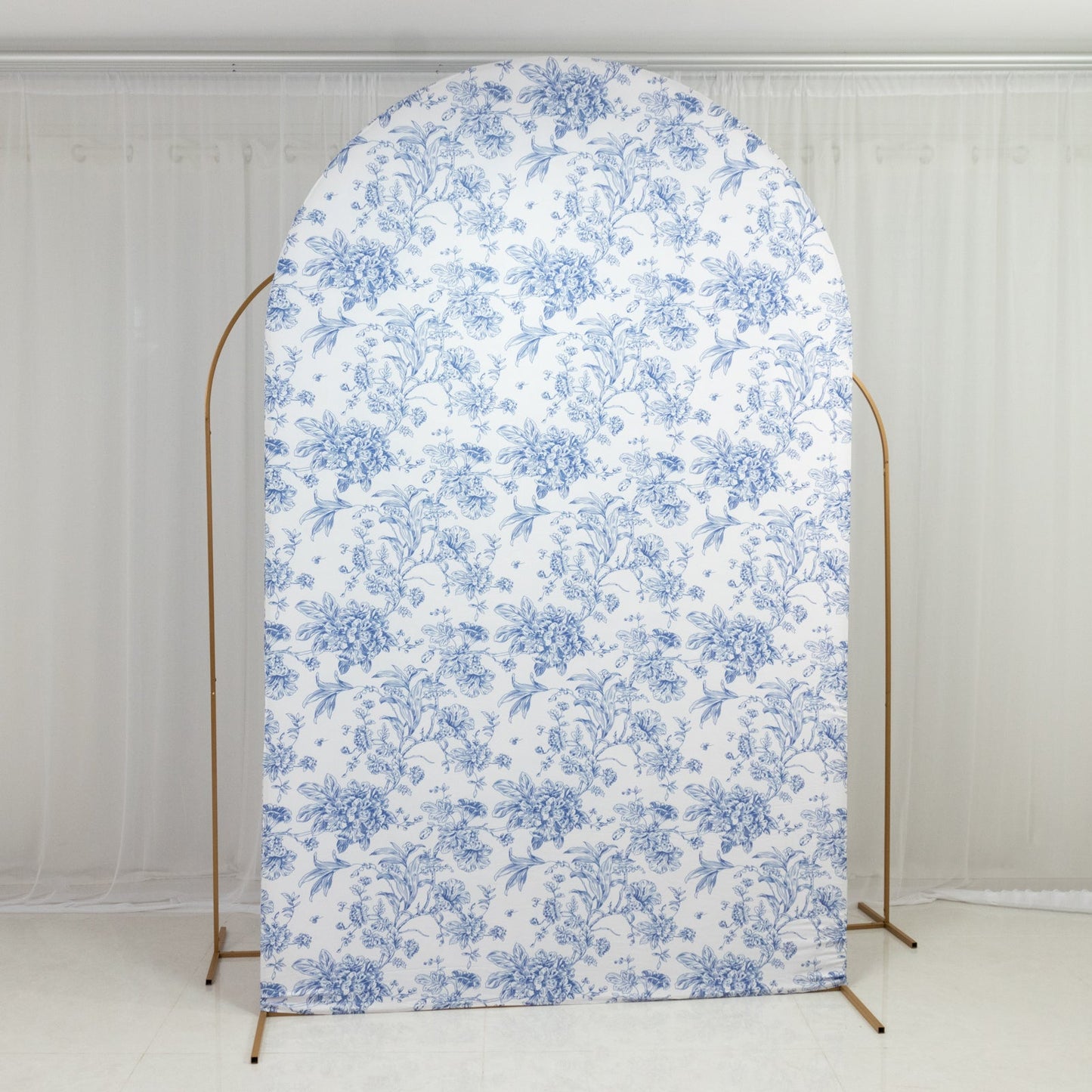 8ft Fitted Spandex Chiara Backdrop Cover â€“ French Toile Blue & White Floral Arch Slipcover for Round Top Wedding Stand