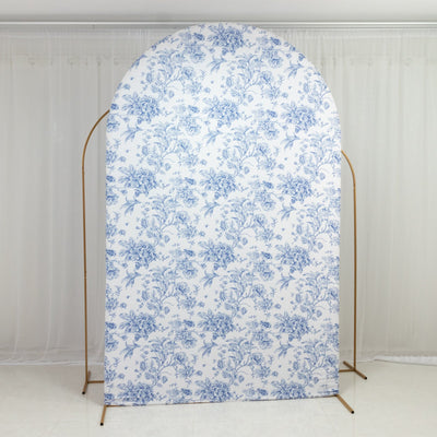 8ft Fitted Spandex Chiara Backdrop Cover â€“ French Toile Blue & White Floral Arch Slipcover for Round Top Wedding Stand