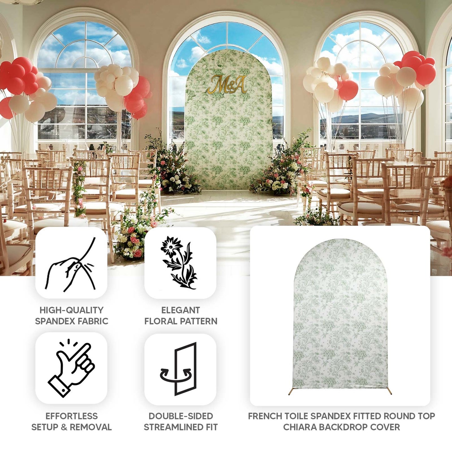 8ft Fitted Spandex Chiara Backdrop Cover â€“ French Toile Blue & White Floral Arch Slipcover for Round Top Wedding Stand