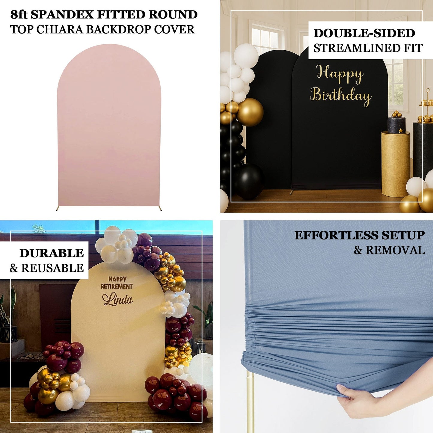 8ft Matte Dusty Blue Spandex Fitted Wedding Arch Cover For Round Top Chiara Backdrop Stand