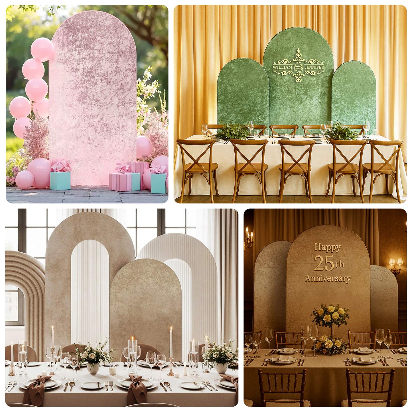 Set of 3 Sage Green Crushed Velvet Chiara Backdrop Stand Covers For Round Top Wedding Arches - 5ft, 6ft, 7ft