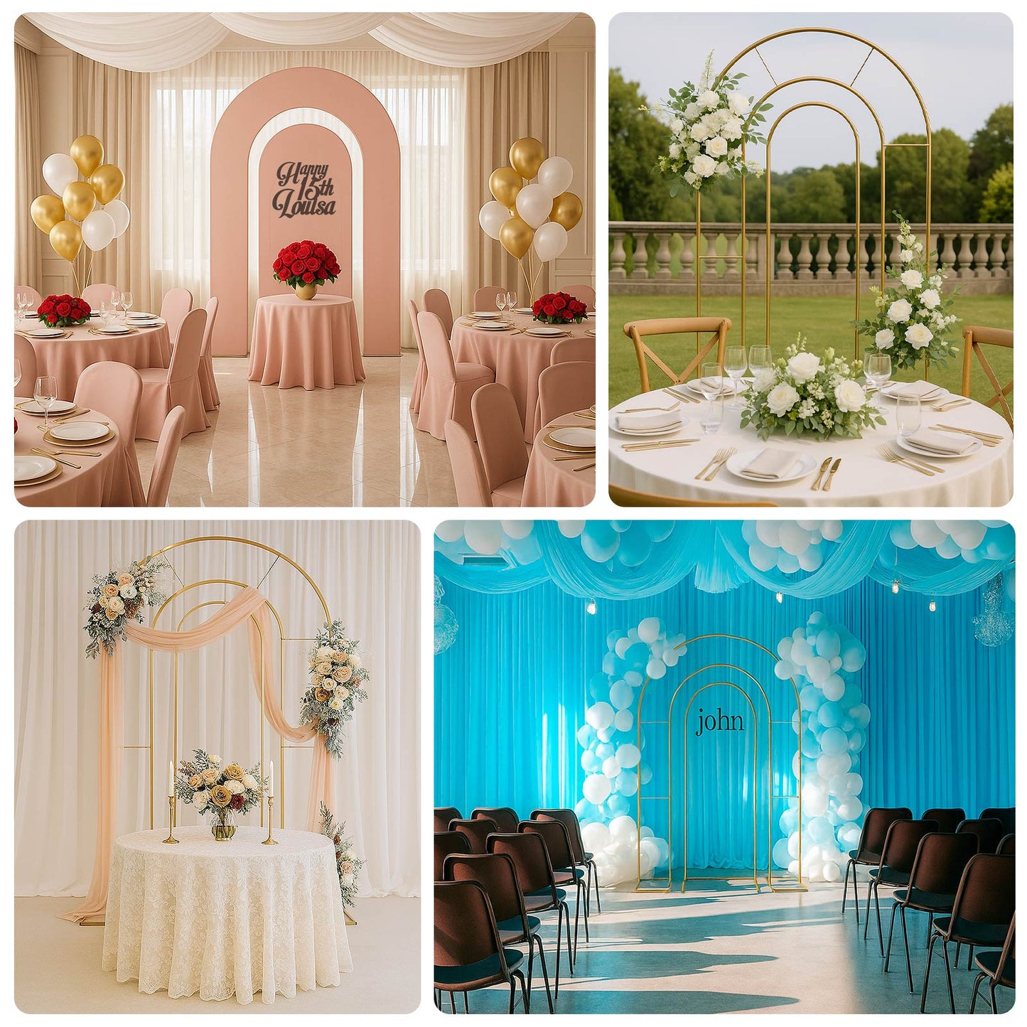 Set of 2 Gold Metal Round Top Chiara Backdrop Stand Wedding Arches, Double Arch Floral Balloon Frame Ceremony Arbors - 6ft,8ft