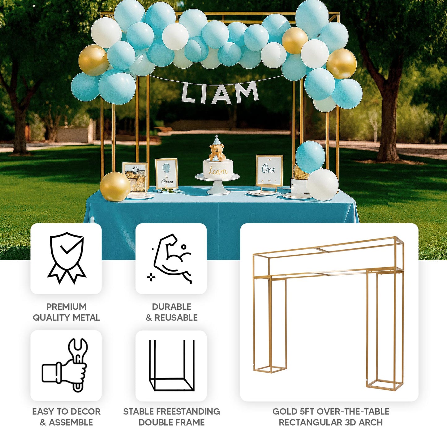 5ft Over the Table Stand in Gold, Freestanding Rectangular Double Frame Over the Table Rod for Floral Balloon DÃ©cor