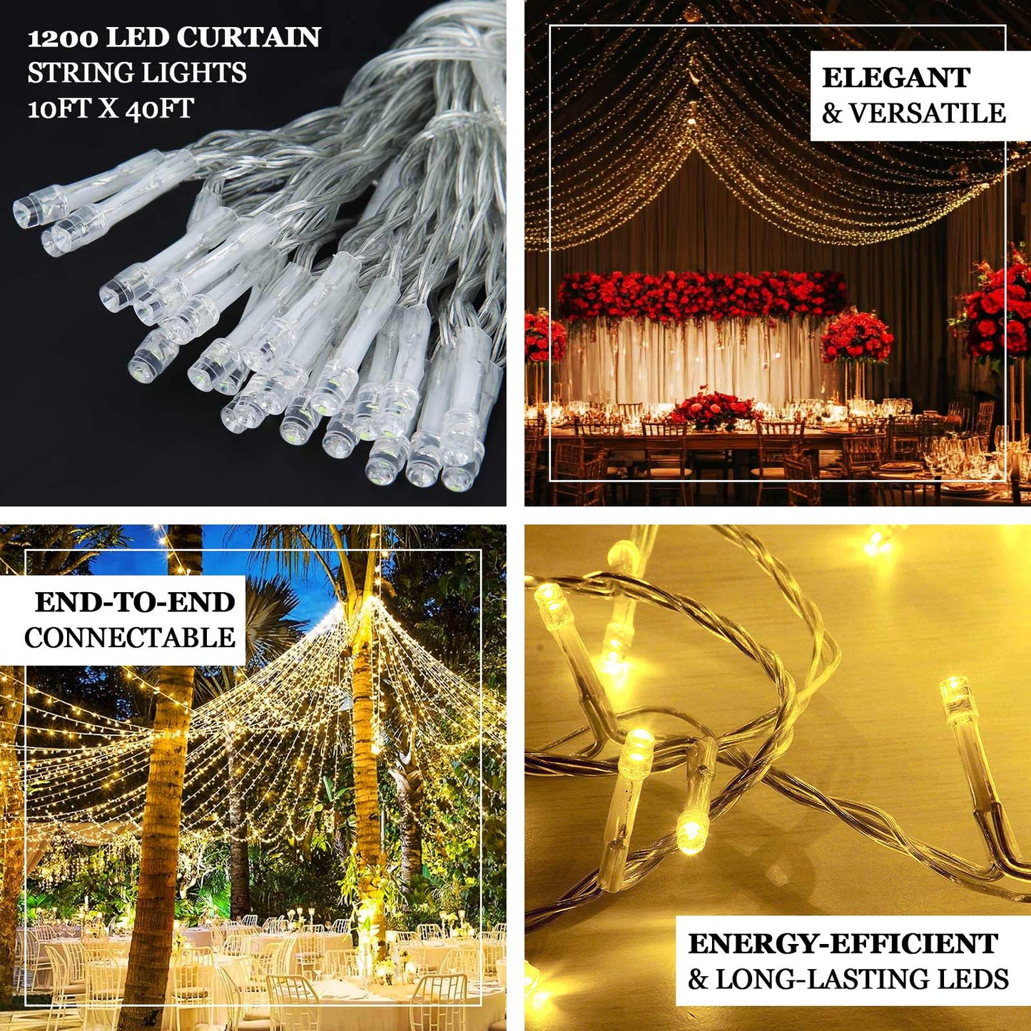 LED Curtain Fairy Lights 10ft x 50ft â€“ Warm White 1500 LED Plug-In String Lights, 8 Modes, End-to-End Connectable, Indoor/Outdoor Use