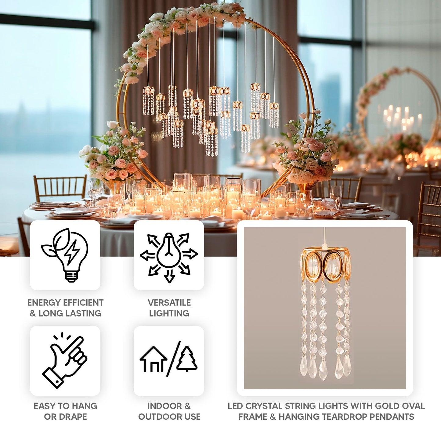 LED Hanging Crystal String Lights â€“ Gold Oval Frame with Teardrop Pendants, Warm White Plug-in Chandelier DÃ©cor