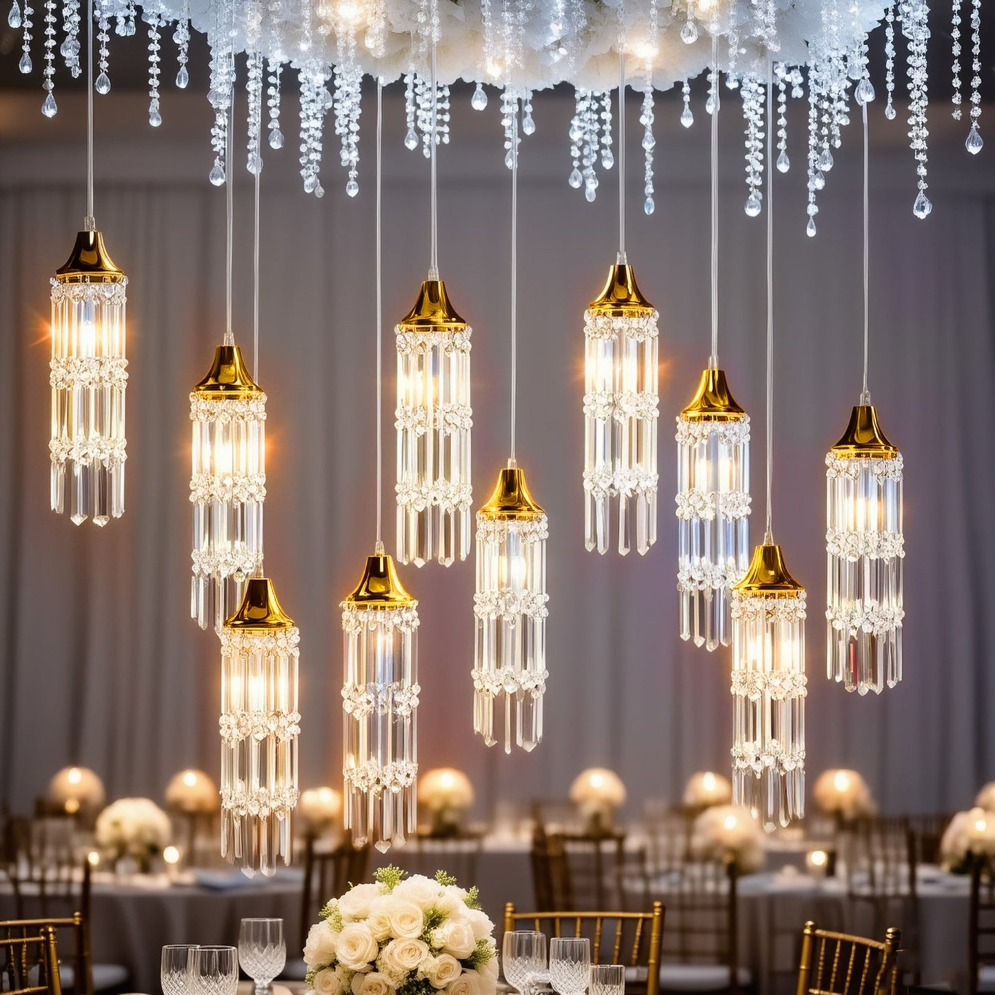 LED Hanging Crystal String Lights â€“ Gold Bell Frame with Prism Pendants, Warm White Plug-in Chandelier DÃ©cor