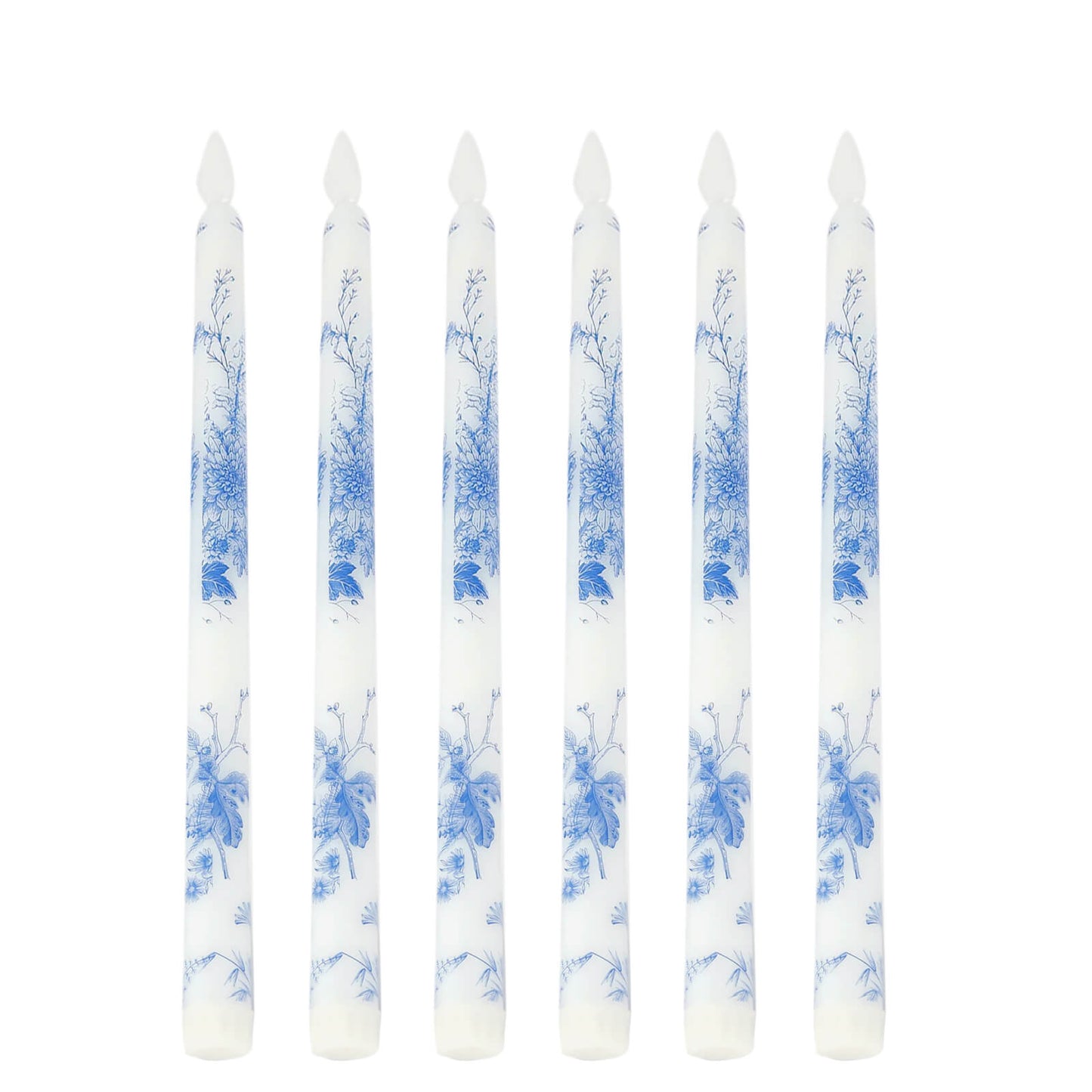 6-Pack 11" Flameless LED Taper Candles, Flickering Battery Operated â€“ White & Blue French Toile Pattern