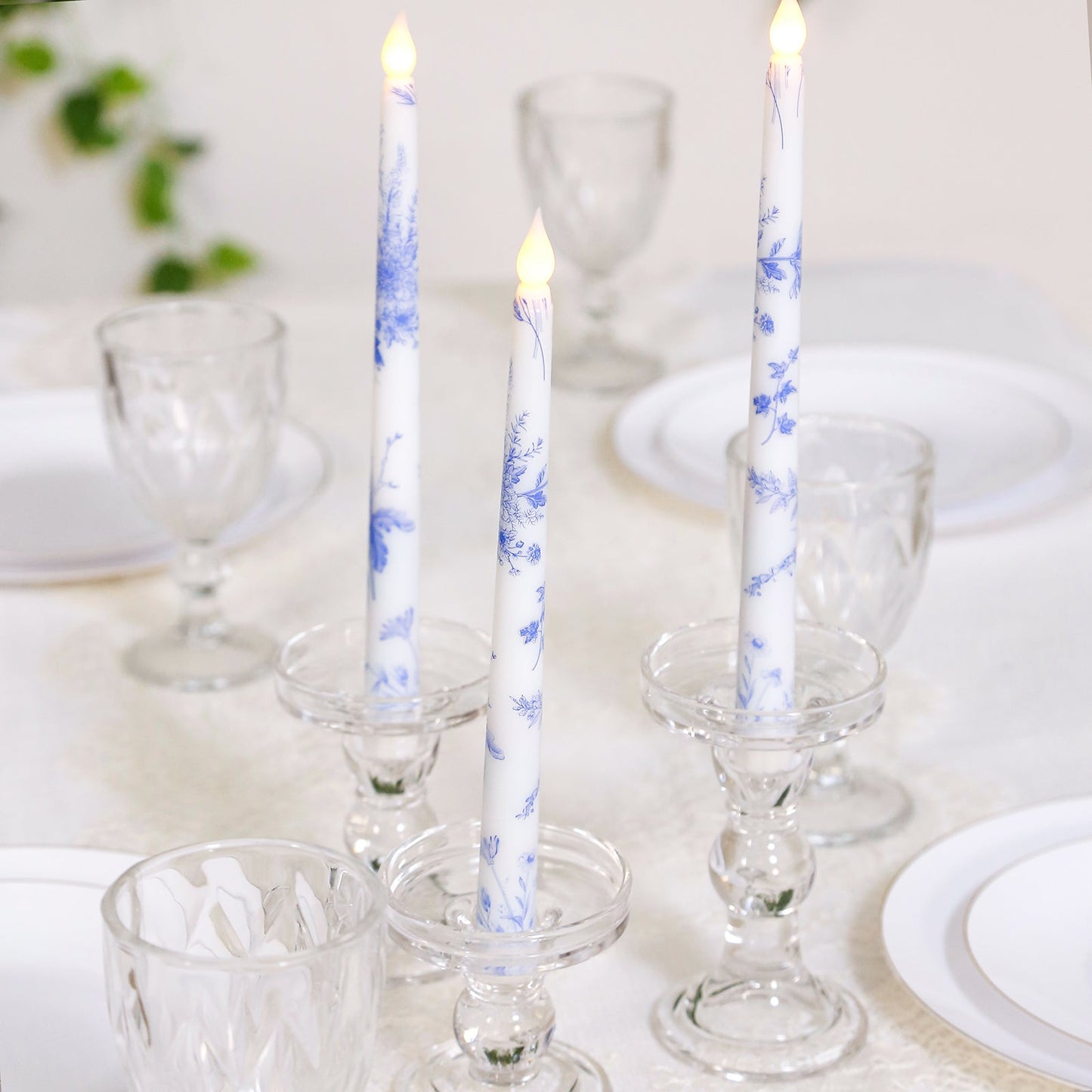 6-Pack 11" Flameless LED Taper Candles, Flickering Battery Operated â€“ White & Blue French Toile Pattern