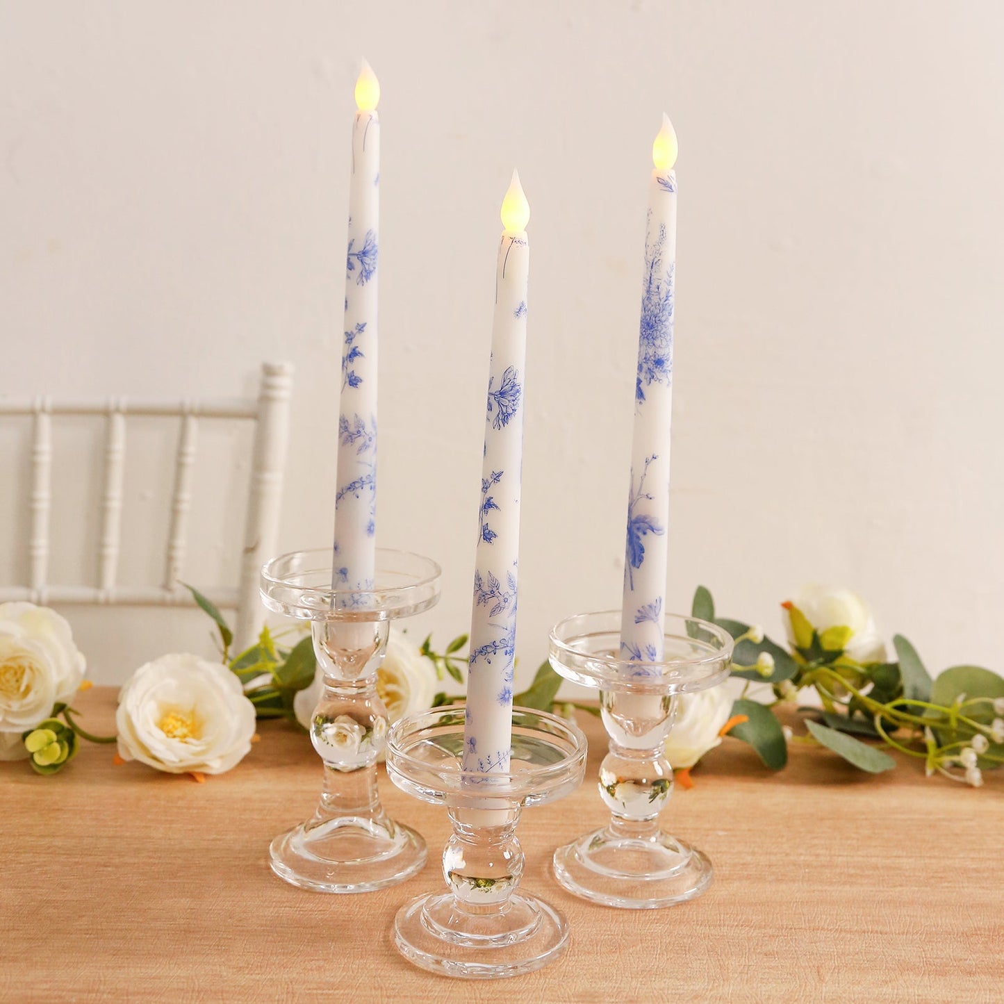 6-Pack 11" Flameless LED Taper Candles, Flickering Battery Operated â€“ White & Blue French Toile Pattern