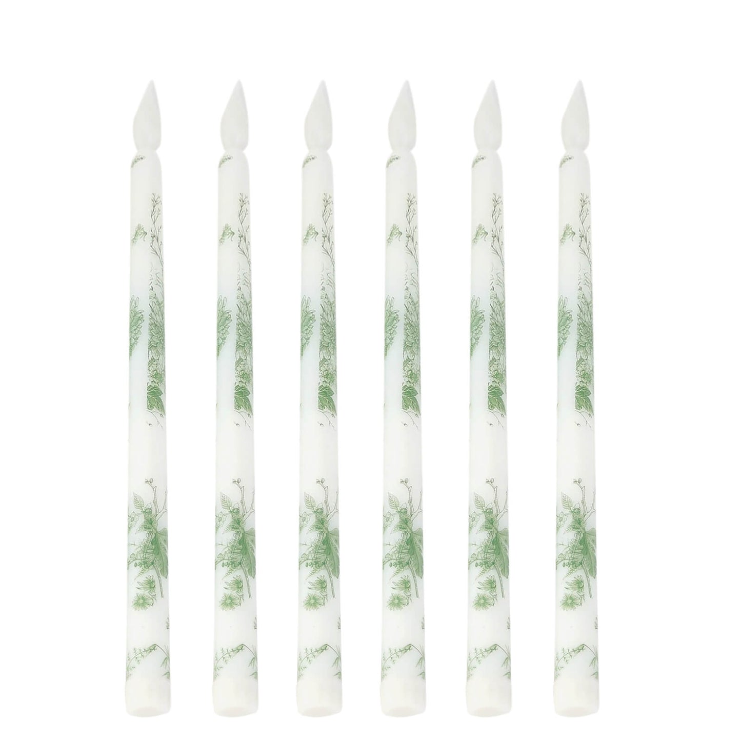 6-Pack 11" Flameless LED Taper Candles, Flickering Battery Operated â€“ White & Sage Green French Toile Pattern