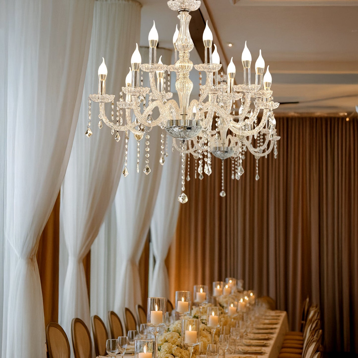 2-Tier Crystal Chandelier with 15 LED Candle Bulbs â€“ Silver Acrylic Ceiling Light Fixture with Dual-Layer LED Illumination for Dining Room or Foyer â€“ 2.5ft