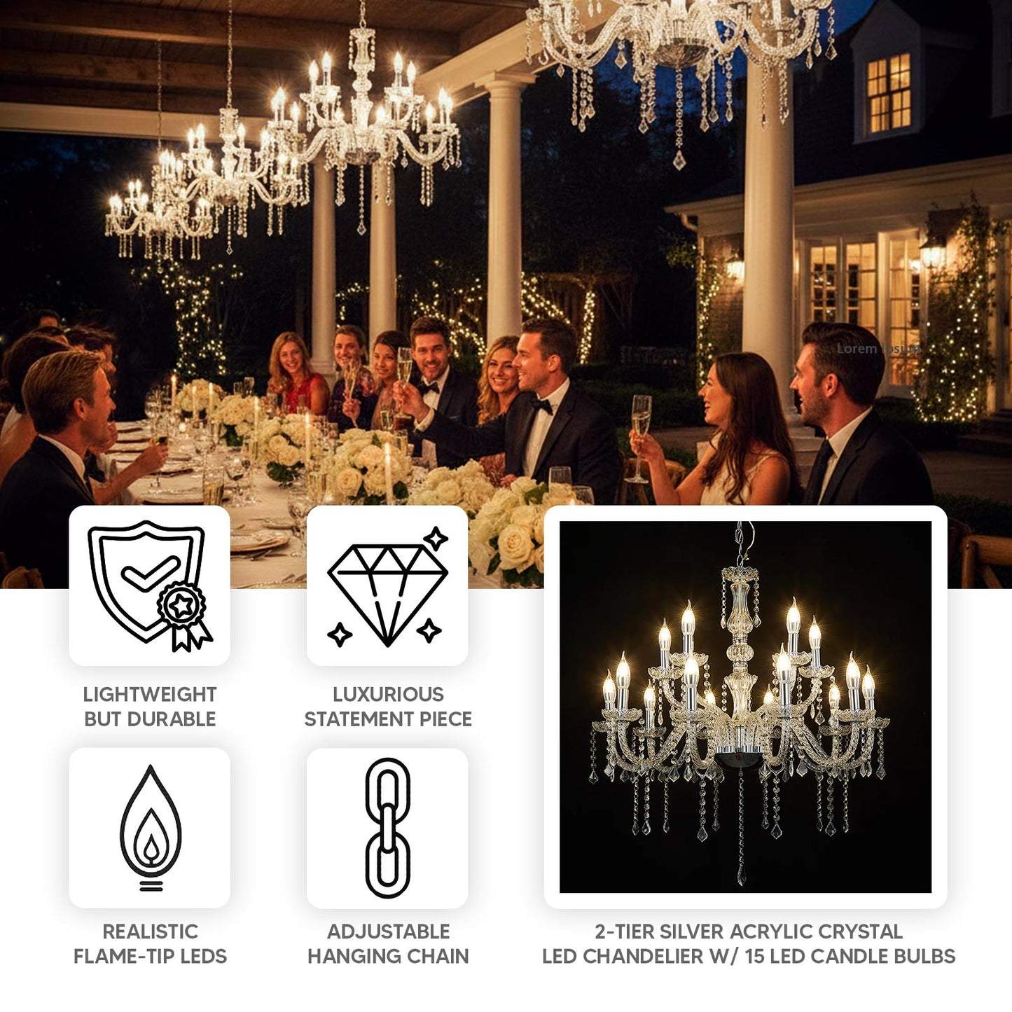 2-Tier Crystal Chandelier with 15 LED Candle Bulbs â€“ Silver Acrylic Ceiling Light Fixture with Dual-Layer LED Illumination for Dining Room or Foyer â€“ 2.5ft