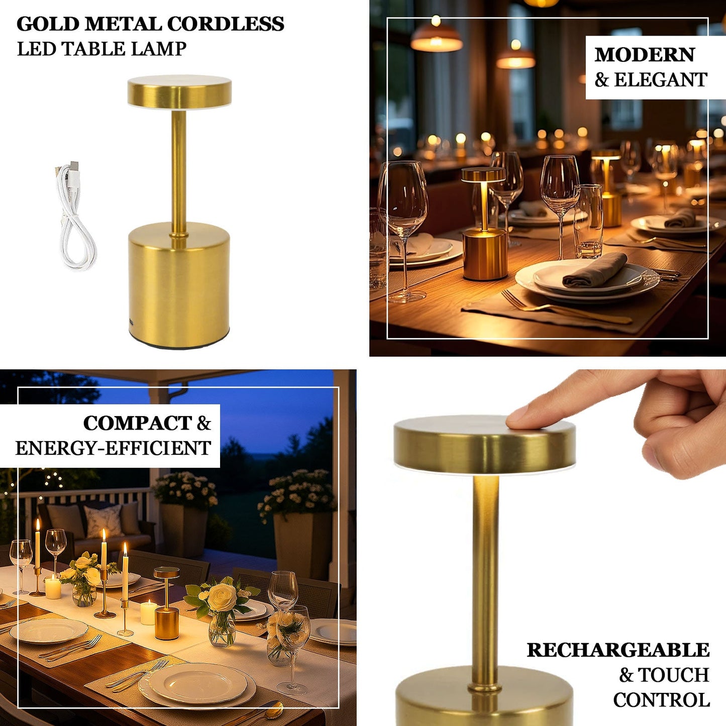 Gold Metal LED Table Lamp â€“ 8" Cordless USB Rechargeable, Dimmable Touch-Control Night Light, Modern Minimalist Design