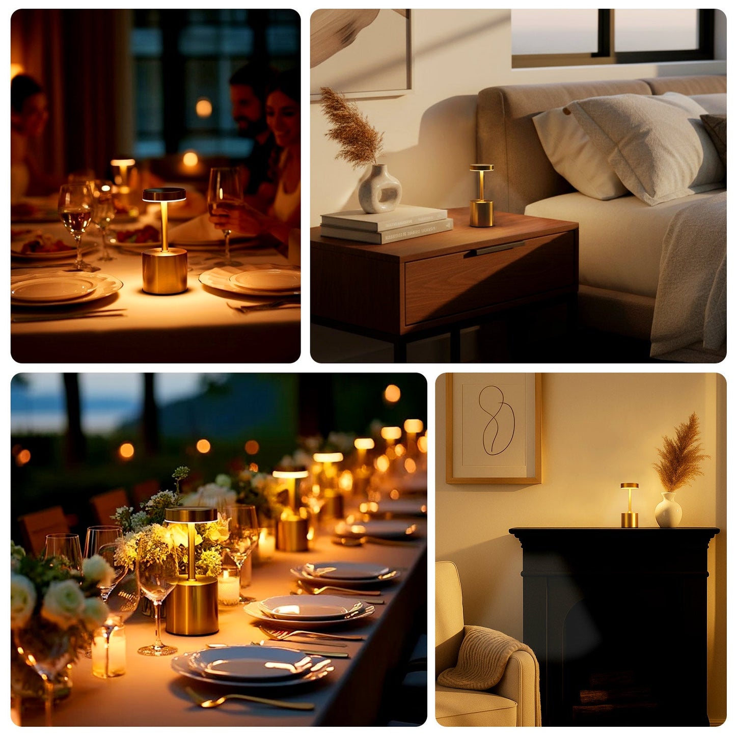 Gold Metal LED Table Lamp â€“ 8" Cordless USB Rechargeable, Dimmable Touch-Control Night Light, Modern Minimalist Design