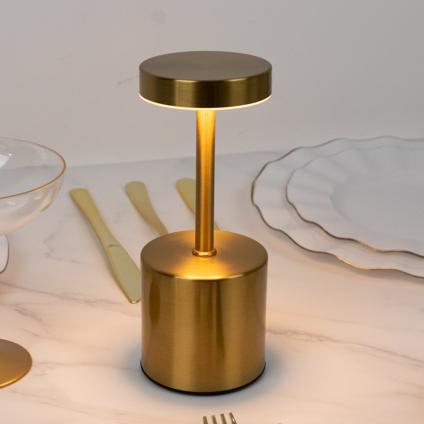 Gold Metal LED Table Lamp â€“ 8" Cordless USB Rechargeable, Dimmable Touch-Control Night Light, Modern Minimalist Design