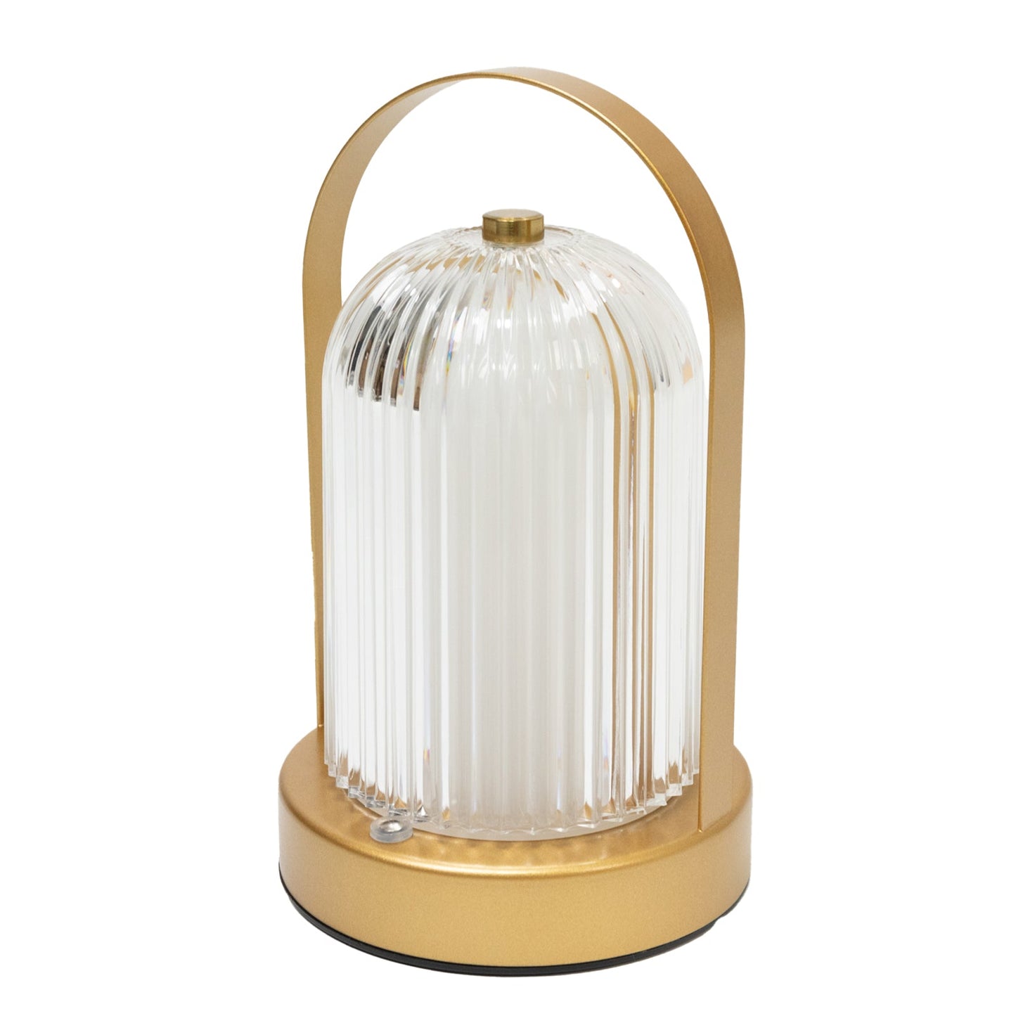 8" Gold Metal LED Table Lamp with Ribbed Acrylic Shade â€“ Cordless USB Rechargeable Touch Control Light with 3 Color Modes