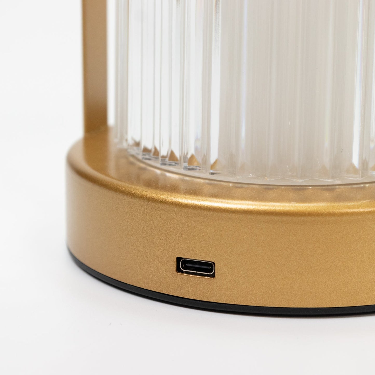 8" Gold Metal LED Table Lamp with Ribbed Acrylic Shade â€“ Cordless USB Rechargeable Touch Control Light with 3 Color Modes