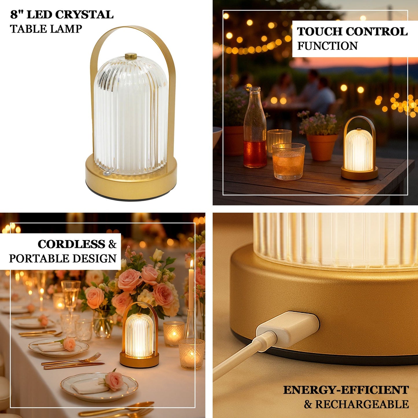 8" Gold Metal LED Table Lamp with Ribbed Acrylic Shade â€“ Cordless USB Rechargeable Touch Control Light with 3 Color Modes