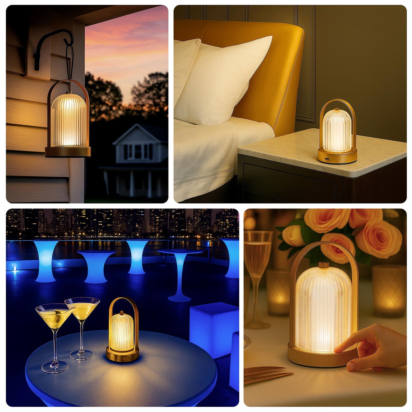 8" Gold Metal LED Table Lamp with Ribbed Acrylic Shade â€“ Cordless USB Rechargeable Touch Control Light with 3 Color Modes