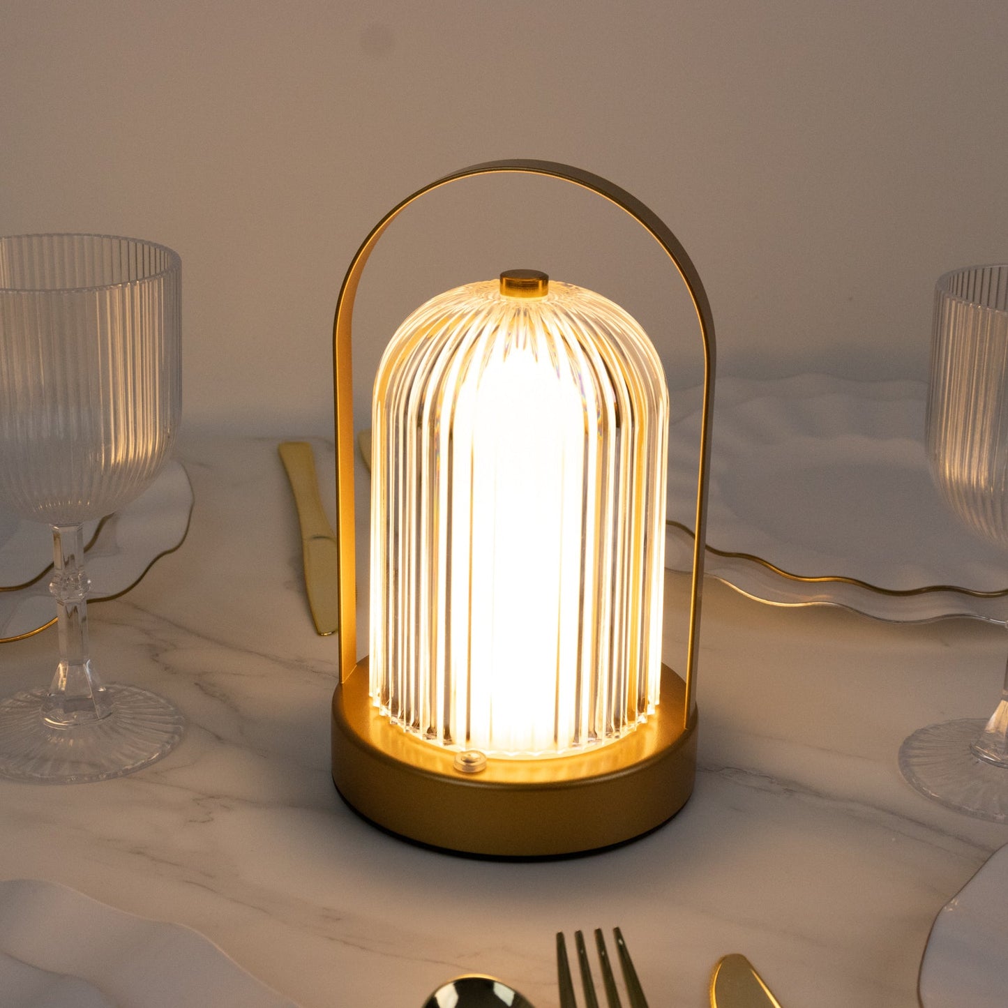 8" Gold Metal LED Table Lamp with Ribbed Acrylic Shade â€“ Cordless USB Rechargeable Touch Control Light with 3 Color Modes