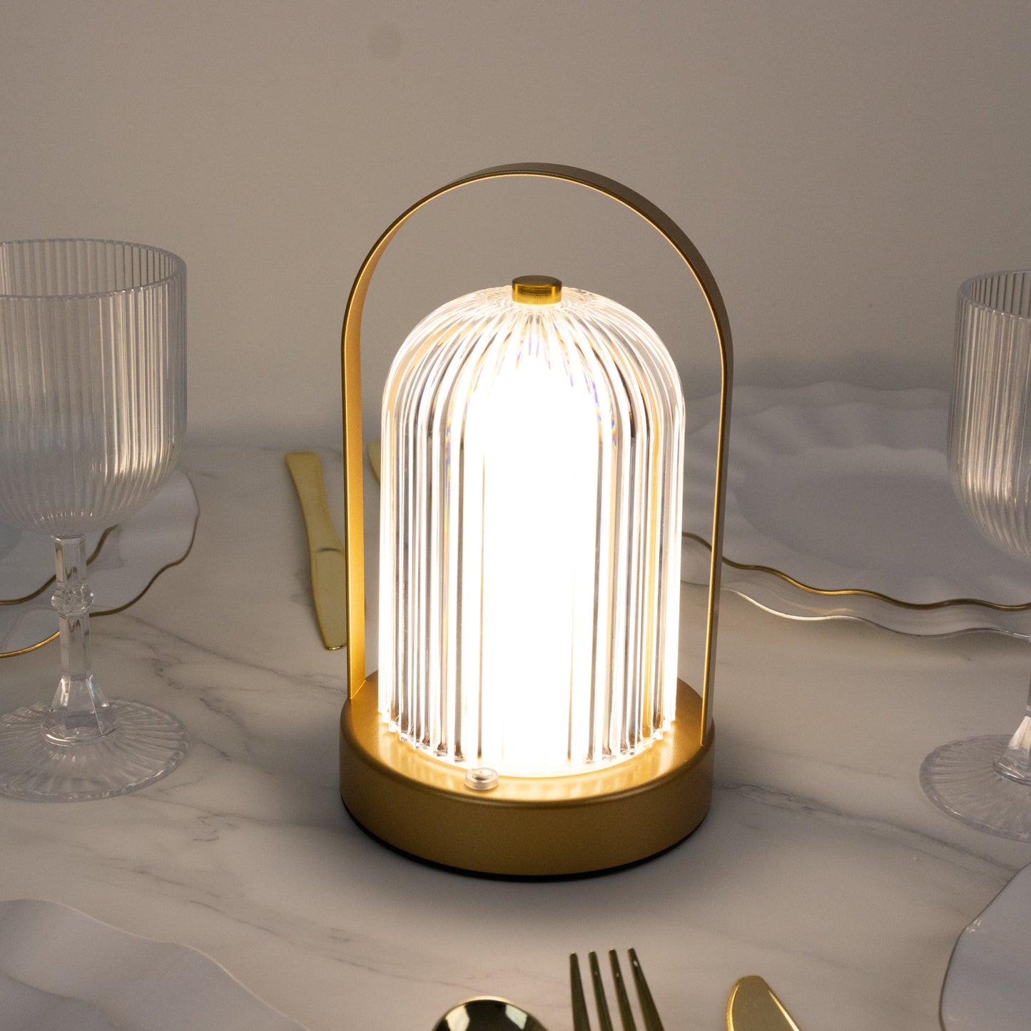 8" Gold Metal LED Table Lamp with Ribbed Acrylic Shade â€“ Cordless USB Rechargeable Touch Control Light with 3 Color Modes