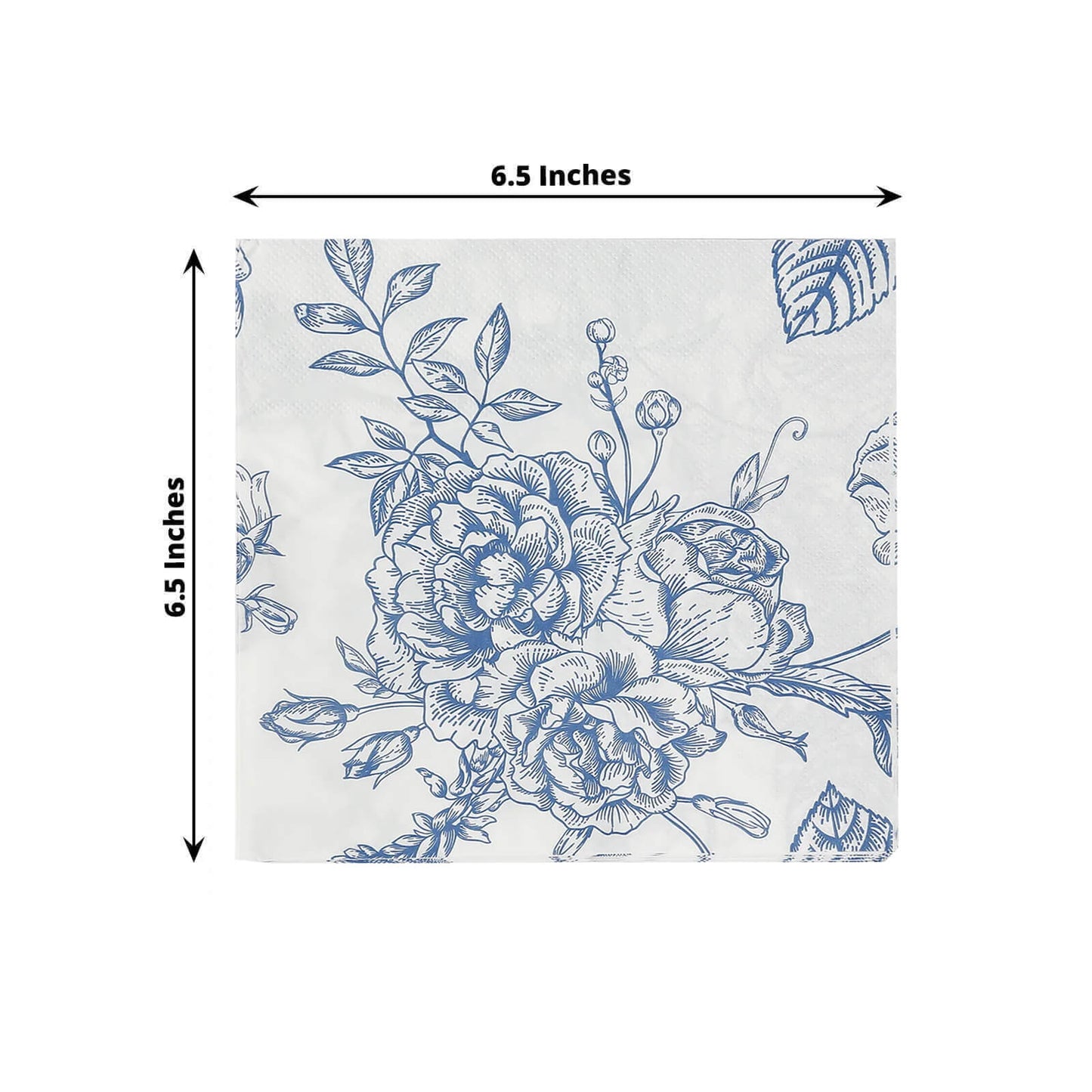 50 Pack 2-Ply Paper Beverage Napkins in Matte Blue and White French Toile Floral Pattern, Highly Absorbent Soft Disposable Cocktail Napkins