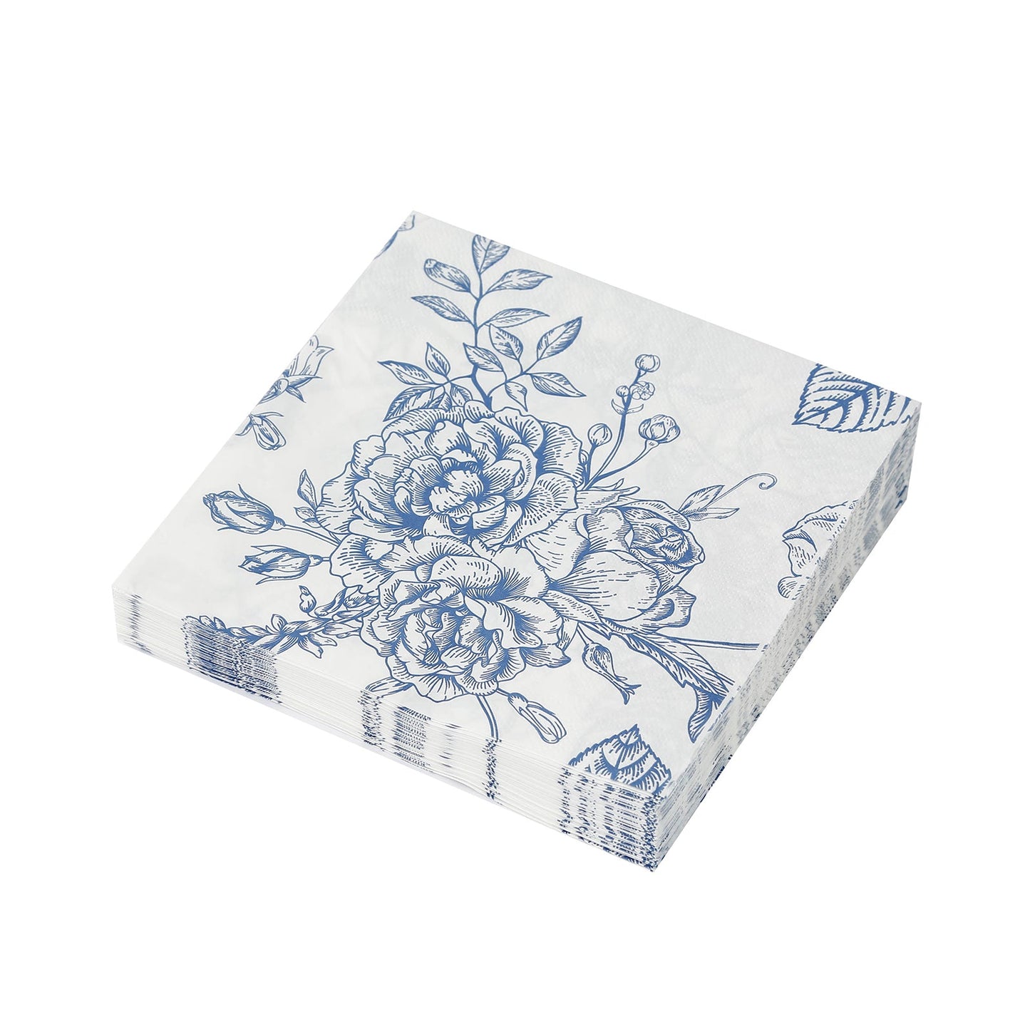 50 Pack 2-Ply Paper Beverage Napkins in Matte Blue and White French Toile Floral Pattern, Highly Absorbent Soft Disposable Cocktail Napkins