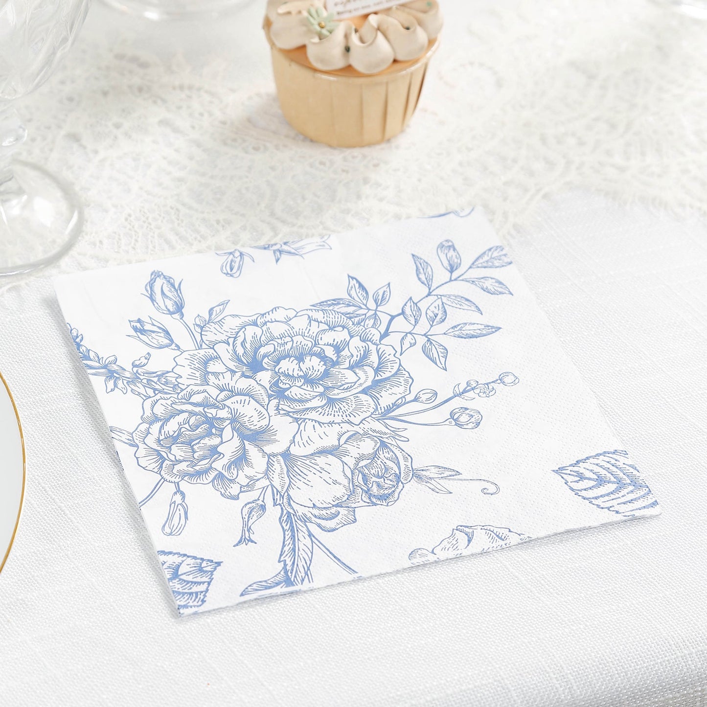 50 Pack 2-Ply Paper Beverage Napkins in Matte Blue and White French Toile Floral Pattern, Highly Absorbent Soft Disposable Cocktail Napkins