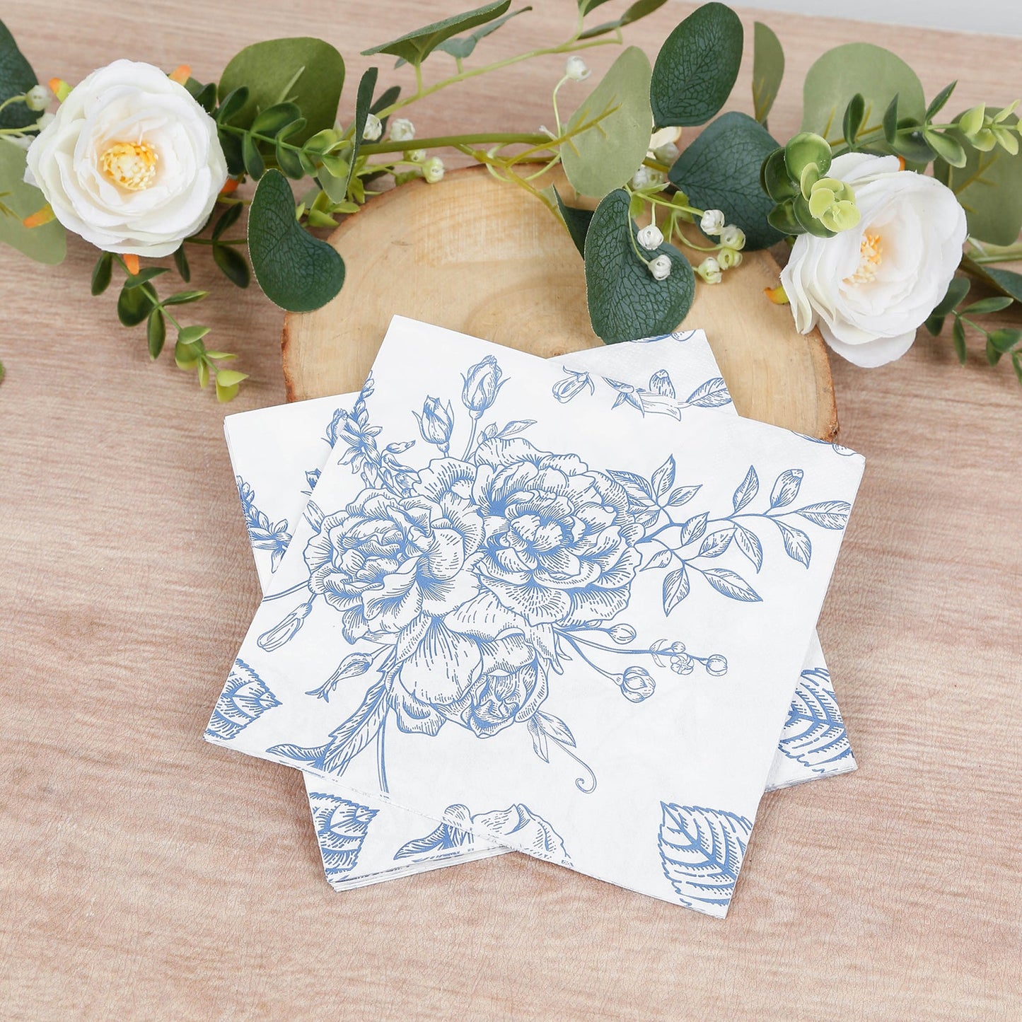 50 Pack 2-Ply Paper Beverage Napkins in Matte Blue and White French Toile Floral Pattern, Highly Absorbent Soft Disposable Cocktail Napkins