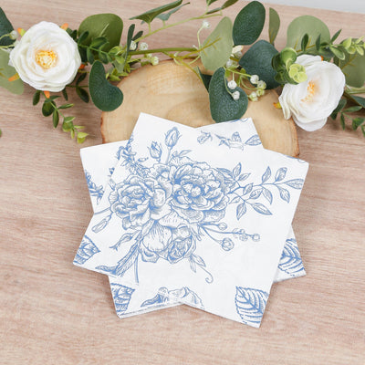 50 Pack 2-Ply Paper Beverage Napkins in Matte Blue and White French Toile Floral Pattern, Highly Absorbent Soft Disposable Cocktail Napkins