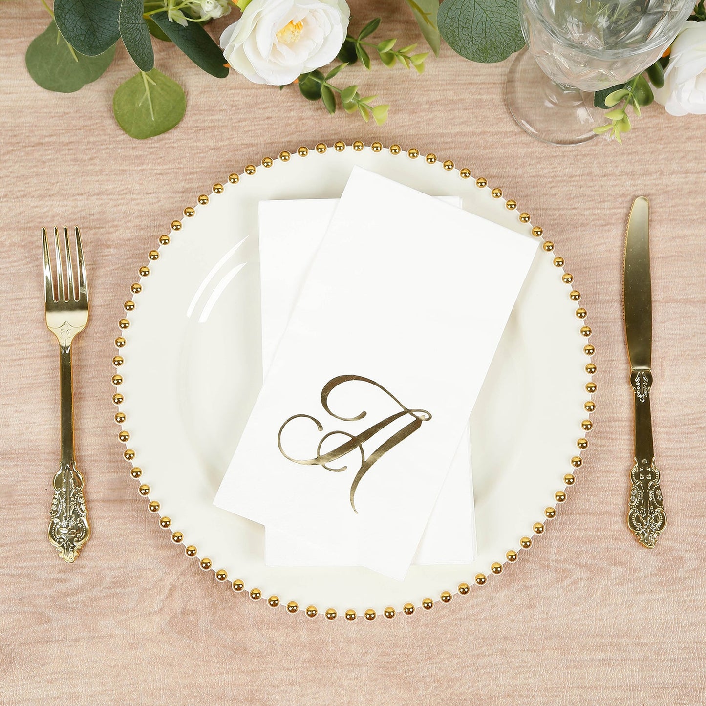 100 Paper Dinner Napkins White with Gold Foil Monogram "A" â€“ 8"x4" Folded, Disposable Party Napkins