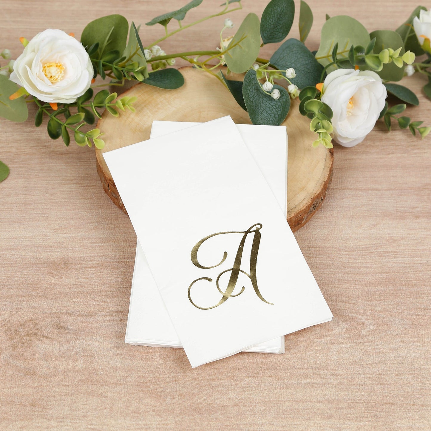 100 Paper Dinner Napkins White with Gold Foil Monogram "A" â€“ 8"x4" Folded, Disposable Party Napkins