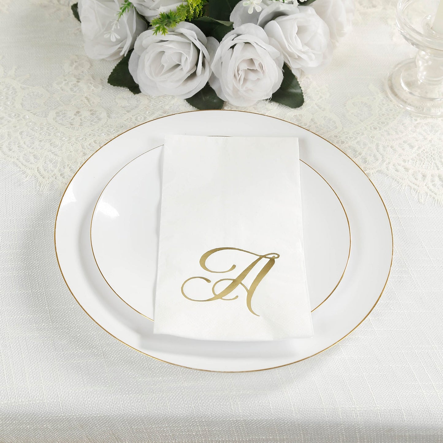 100 Paper Dinner Napkins White with Gold Foil Monogram "A" â€“ 8"x4" Folded, Disposable Party Napkins