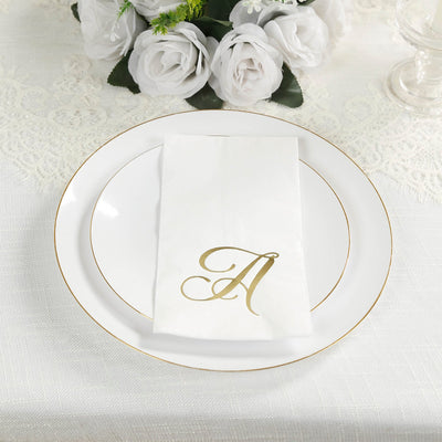 100 Paper Dinner Napkins White with Gold Foil Monogram "A" â€“ 8"x4" Folded, Disposable Party Napkins