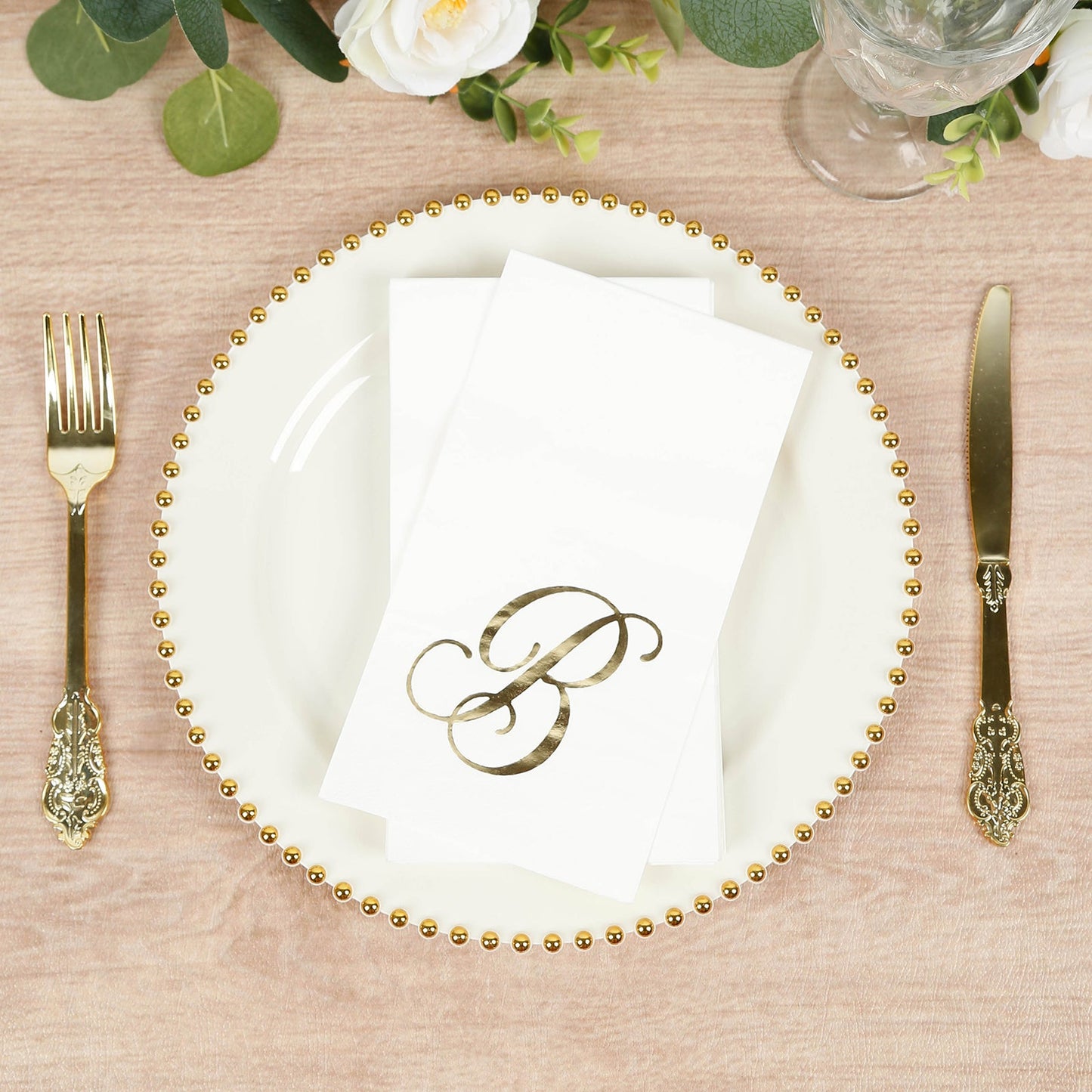 100 Paper Dinner Napkins White with Gold Foil Monogram "B" â€“ 8"x4" Folded, Disposable Party Napkins