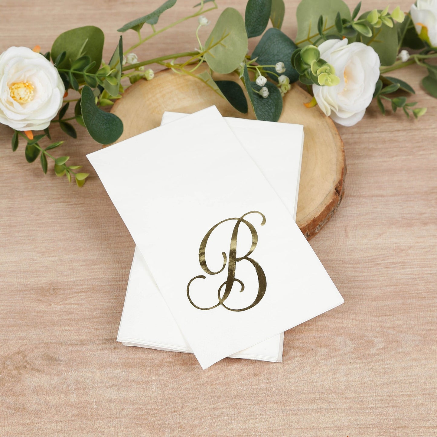 100 Paper Dinner Napkins White with Gold Foil Monogram "B" â€“ 8"x4" Folded, Disposable Party Napkins