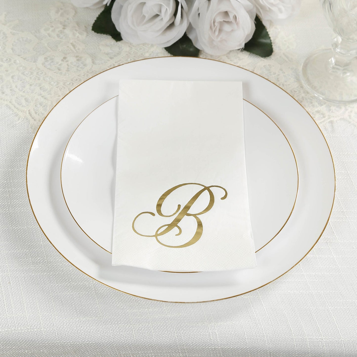 100 Paper Dinner Napkins White with Gold Foil Monogram "B" â€“ 8"x4" Folded, Disposable Party Napkins