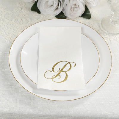 100 Paper Dinner Napkins White with Gold Foil Monogram "B" â€“ 8"x4" Folded, Disposable Party Napkins