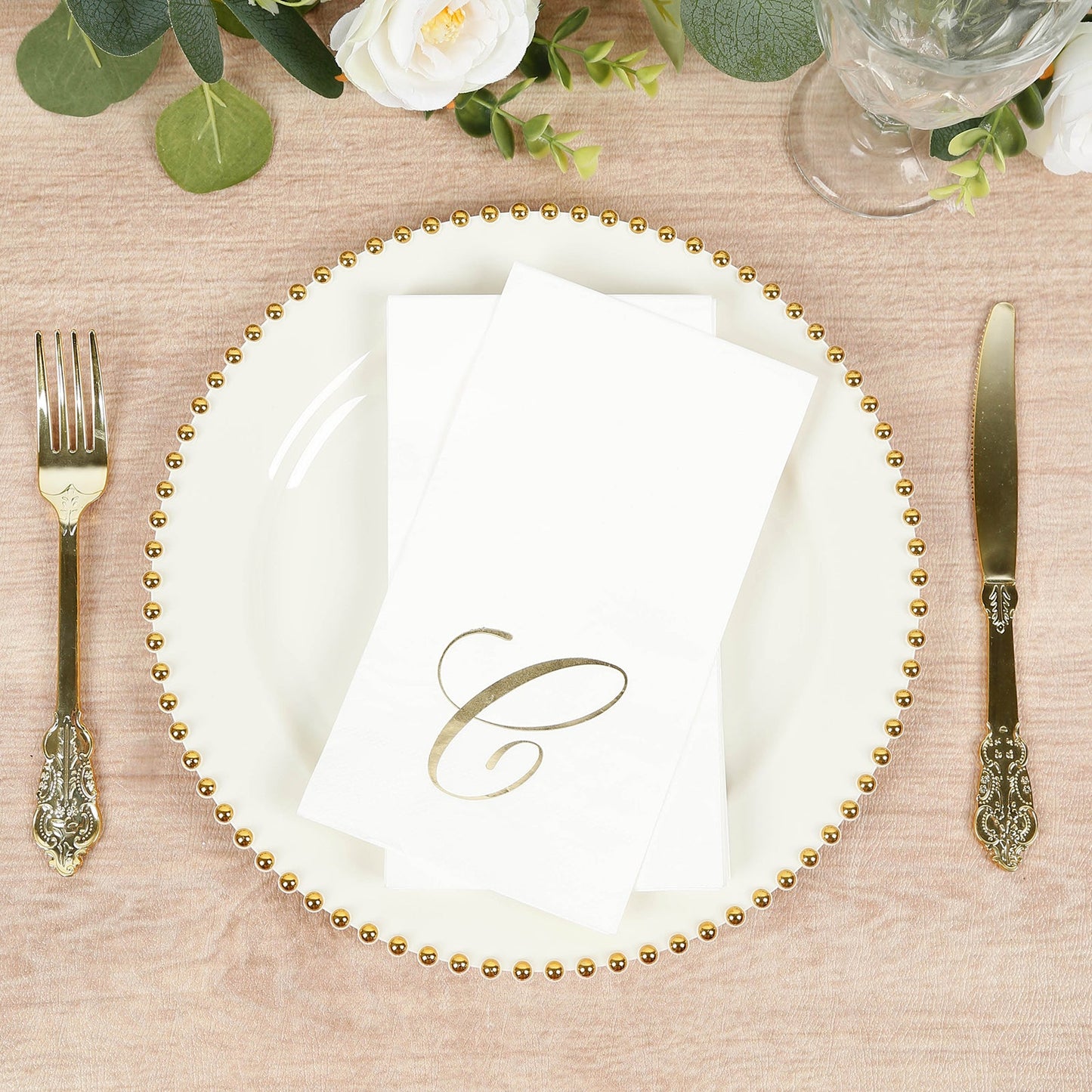 100 Paper Dinner Napkins White with Gold Foil Monogram "C" â€“ 8"x4" Folded, Disposable Party Napkins
