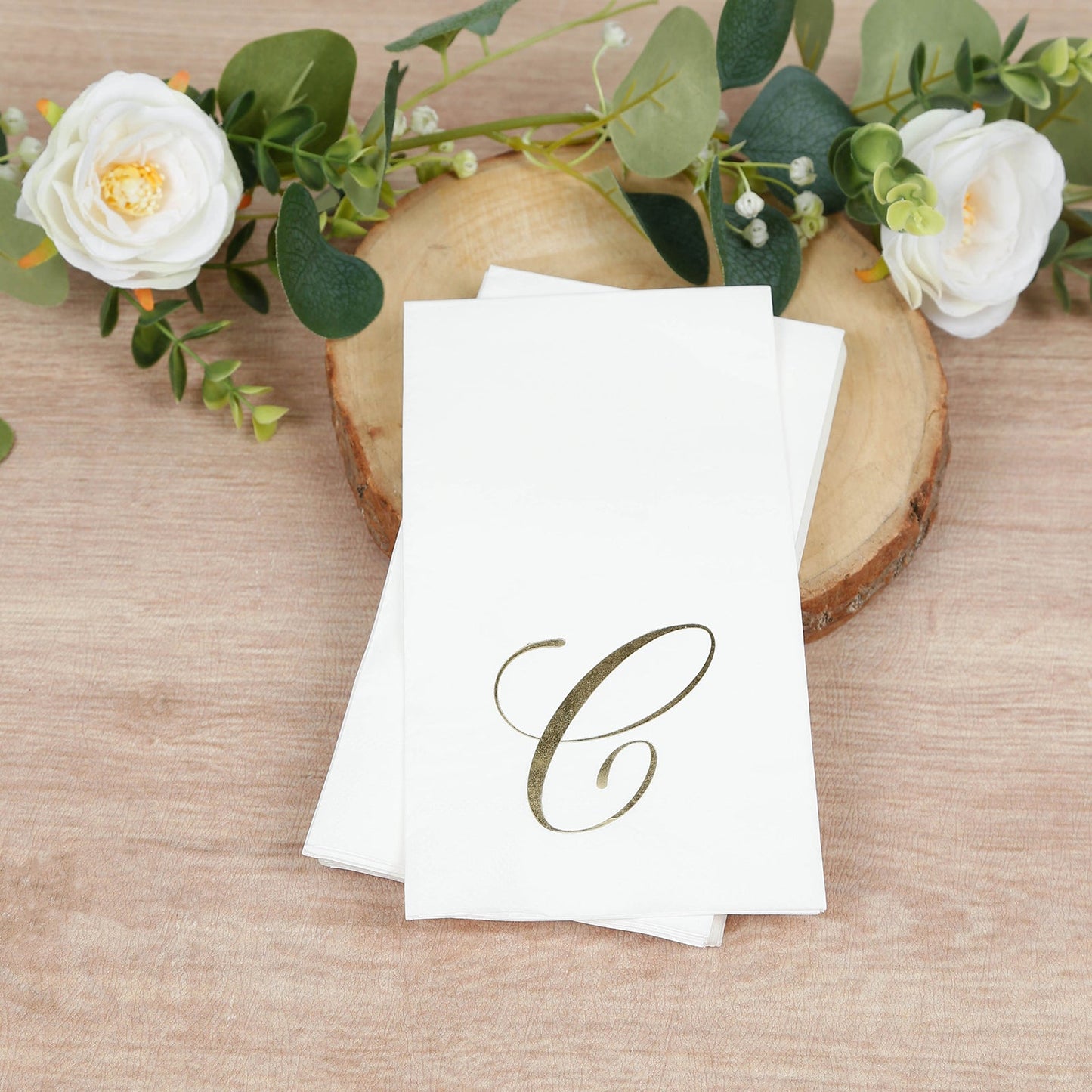 100 Paper Dinner Napkins White with Gold Foil Monogram "C" â€“ 8"x4" Folded, Disposable Party Napkins