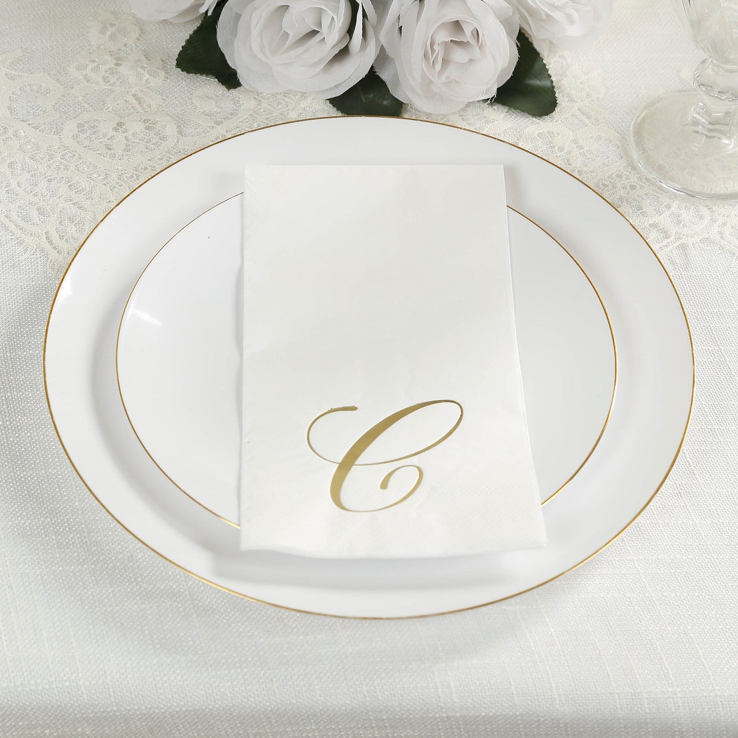 100 Paper Dinner Napkins White with Gold Foil Monogram "C" â€“ 8"x4" Folded, Disposable Party Napkins