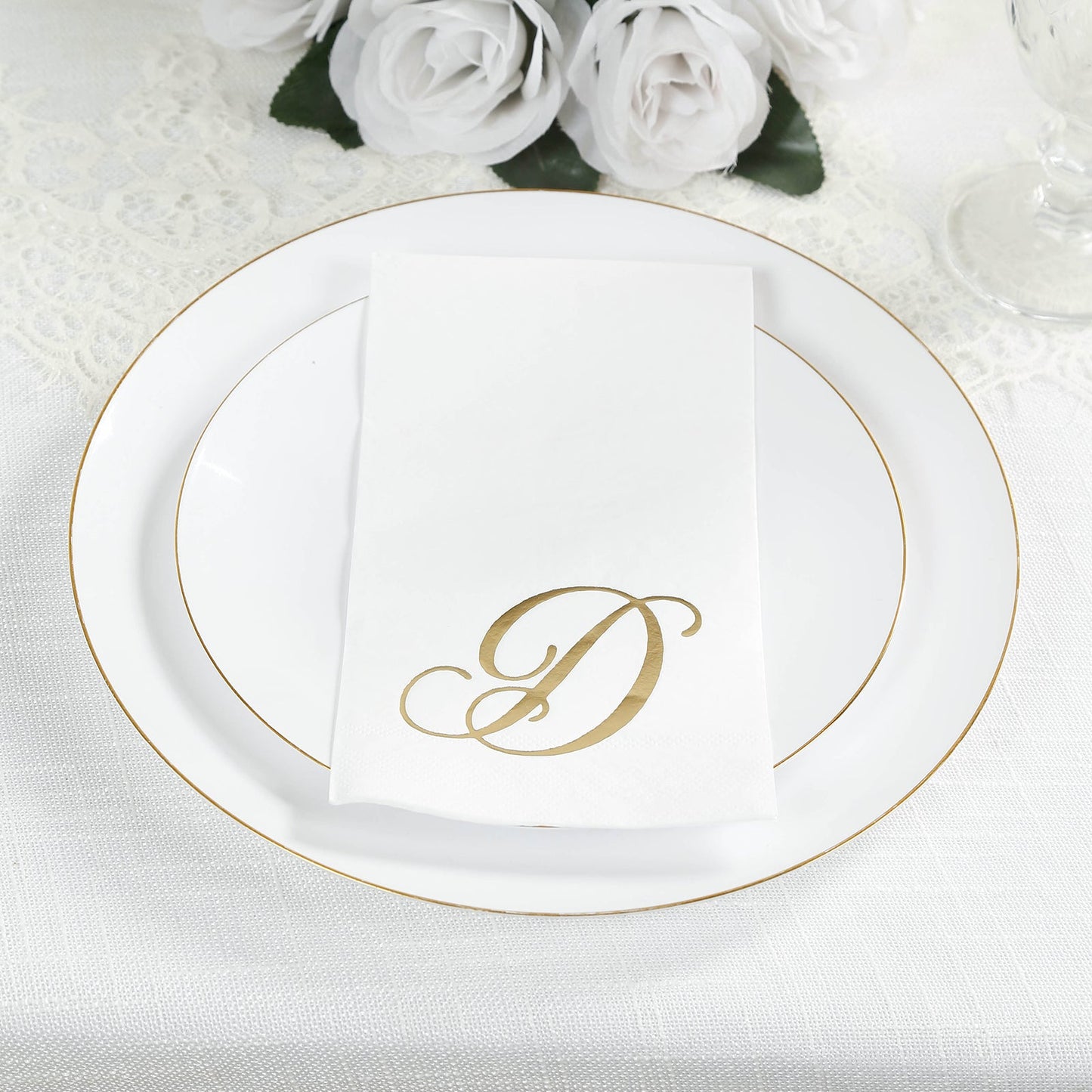 100 Paper Dinner Napkins White with Gold Foil Monogram "D" â€“ 8"x4" Folded, Disposable Party Napkins