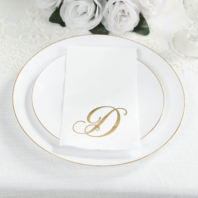 100 Paper Dinner Napkins White with Gold Foil Monogram "D" â€“ 8"x4" Folded, Disposable Party Napkins