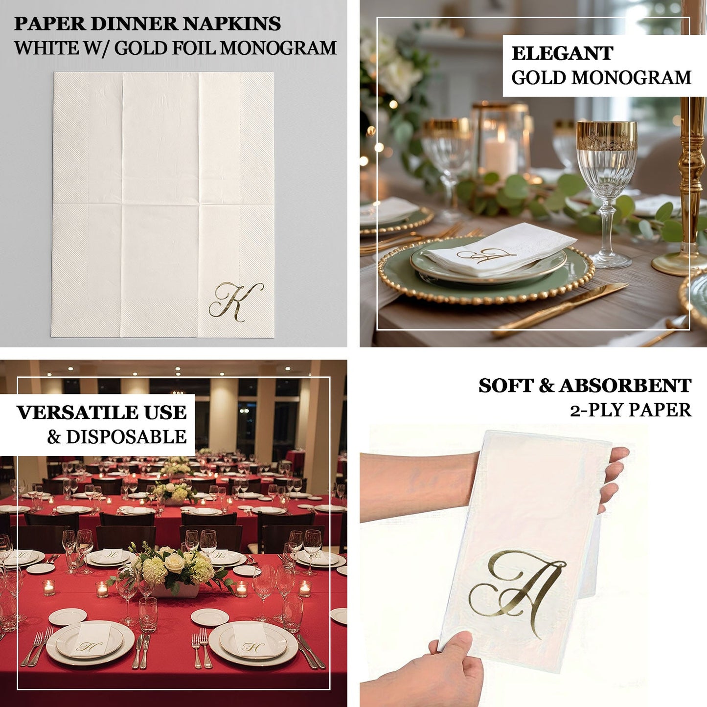 100 Paper Dinner Napkins White with Gold Foil Monogram "P" â€“ 8"x4" Folded, Disposable Party Napkins
