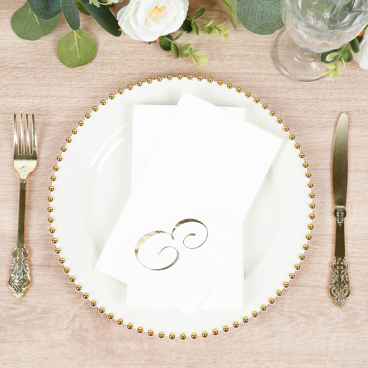 100 Paper Dinner Napkins White with Gold Foil Monogram "E" â€“ 8"x4" Folded, Disposable Party Napkins