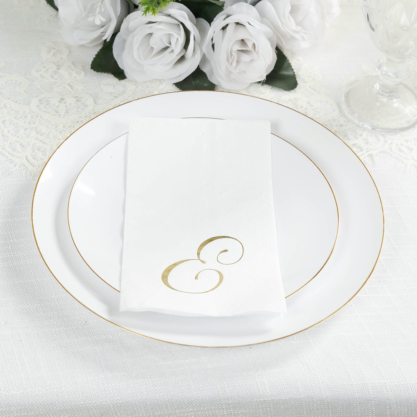 100 Paper Dinner Napkins White with Gold Foil Monogram "E" â€“ 8"x4" Folded, Disposable Party Napkins