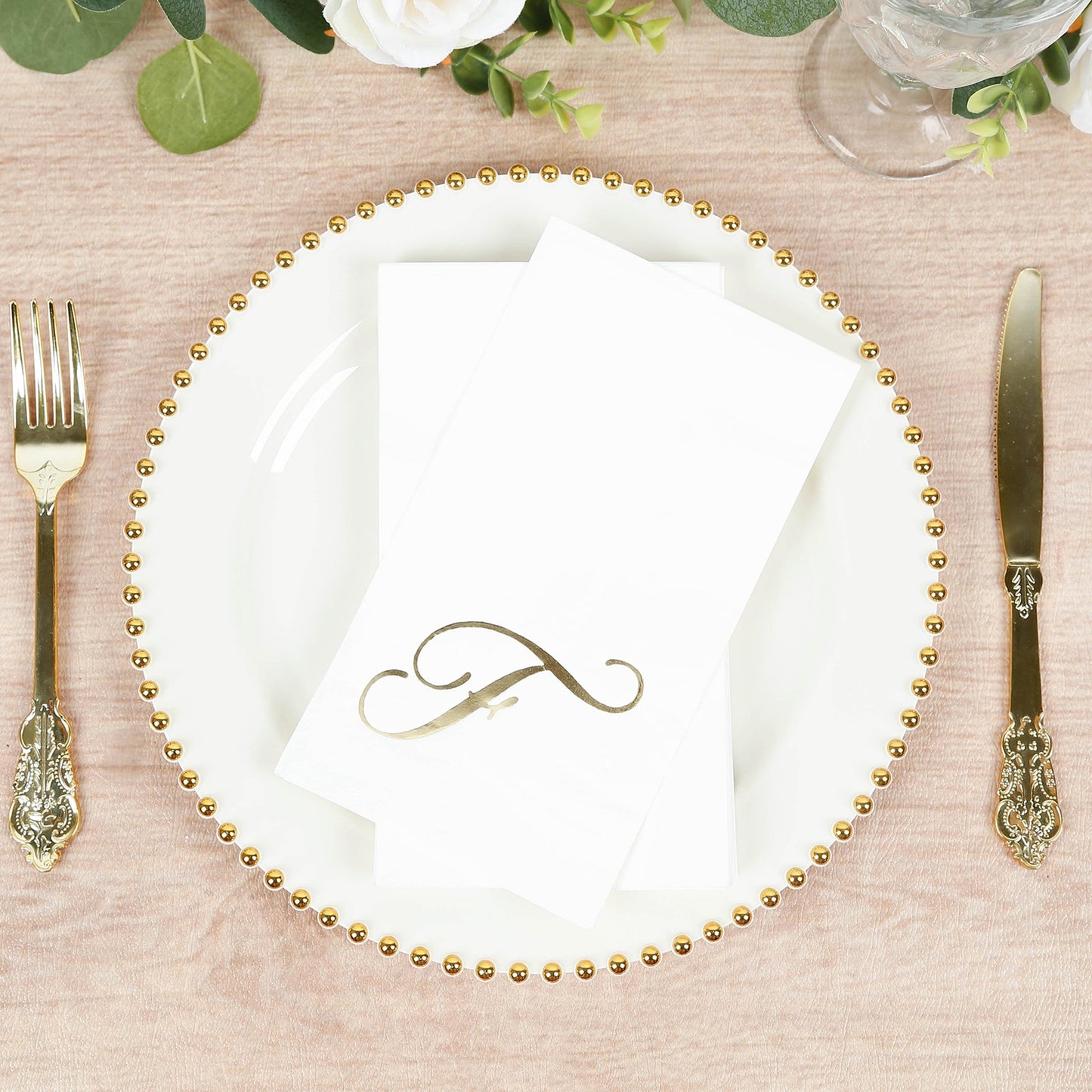 100 Paper Dinner Napkins White with Gold Foil Monogram "F" â€“ 8"x4" Folded, Disposable Party Napkins