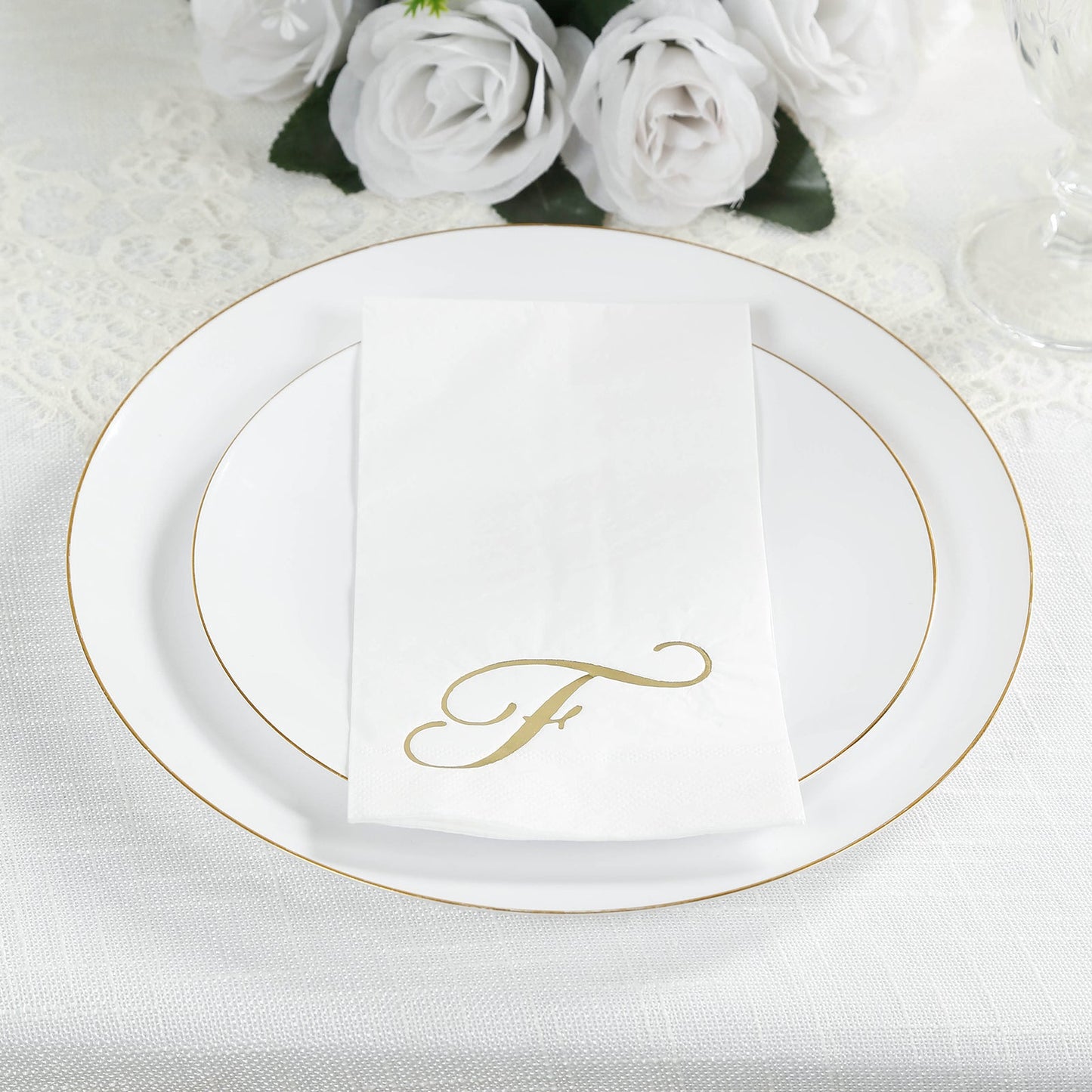 100 Paper Dinner Napkins White with Gold Foil Monogram "F" â€“ 8"x4" Folded, Disposable Party Napkins