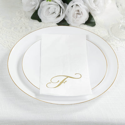 100 Paper Dinner Napkins White with Gold Foil Monogram "F" â€“ 8"x4" Folded, Disposable Party Napkins