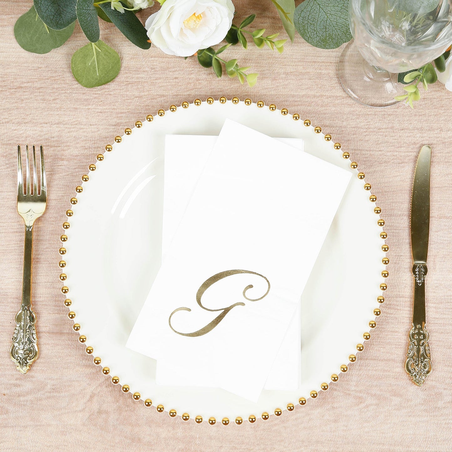 100 Paper Dinner Napkins White with Gold Foil Monogram "G" â€“ 8"x4" Folded, Disposable Party Napkins